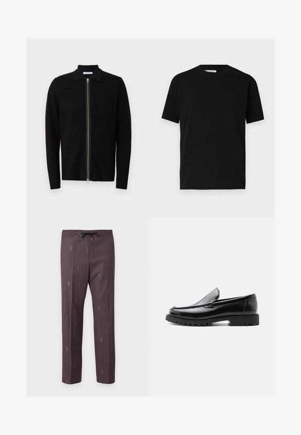 Sort zip-up sweater med krave og brystlomme. Fremstillet af blødt, teksturet stof. Har en fuld længde lynlås og lange ærmer.; Sort kortærmet t-shirt lavet af bomuld med rund halsudskæring og løs pasform. Glat tekstur, ingen mønstre eller synlige logoer.; Elastisk taljebukser i mørk lilla med lodrette striber og subtile trykte detaljer. Let materiale med en afslappet pasform.; Sort læderloafer med chunky gummisål, syet overdel og præget mærkenavn på hælen, vist i sideprofil på hvid baggrund.