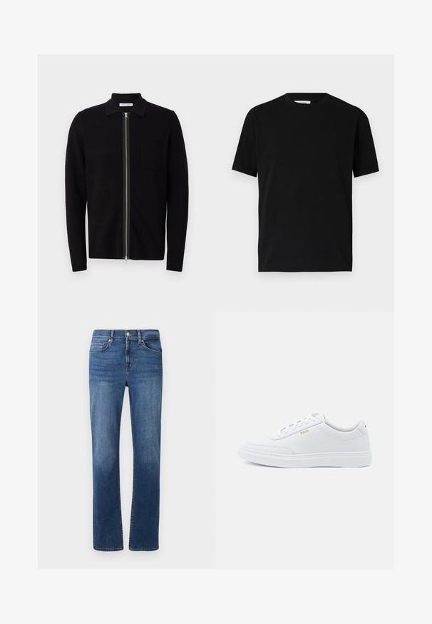 Sort zip-up sweater med krave og brystlomme. Fremstillet af blødt, teksturet stof. Har en fuld længde lynlås og lange ærmer.; Sort kortærmet t-shirt lavet af bomuld med rund halsudskæring og løs pasform. Glat tekstur, ingen mønstre eller synlige logoer.; Mørkeblå denimjeans med lige ben, fem-lomme stil og kontraststing. Har en knap- og lynlåslukning.; Hvide lædersneakers med glat tekstur, rund tå og ton-i-ton syning. Har blå snørebånd og et gult logo på siden.