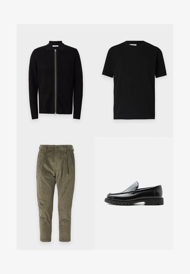 Sort zip-up sweater med krave og brystlomme. Fremstillet af blødt, teksturet stof. Har en fuld længde lynlås og lange ærmer.; Sort kortærmet t-shirt lavet af bomuld med rund halsudskæring og løs pasform. Glat tekstur, ingen mønstre eller synlige logoer.; Olivengrønne fløjlsbukser med afslappet pasform, der har folder, elastisk talje og tapered ben. Struktureret stof med lodrette ribber.; Sort læderloafer med chunky gummisål, syet overdel og præget mærkenavn på hælen, vist i sideprofil på hvid baggrund.