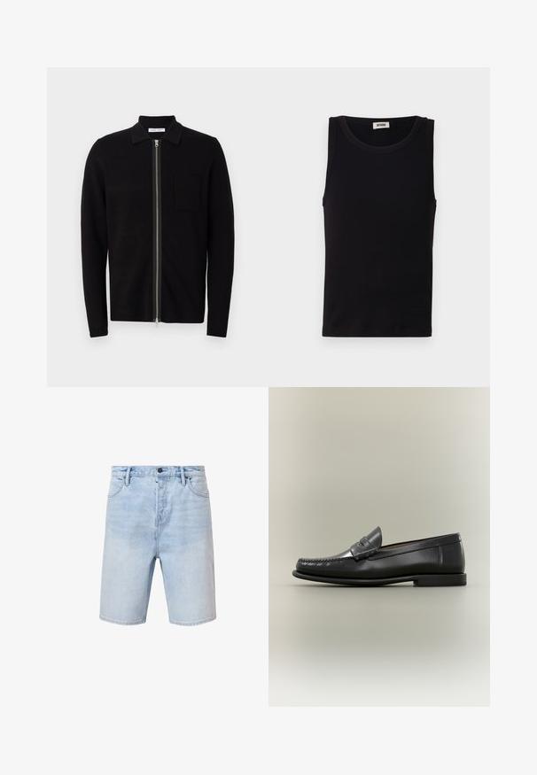 Sort zip-up sweater med krave og brystlomme. Fremstillet af blødt, teksturet stof. Har en fuld længde lynlås og lange ærmer.; Sort sansædet tanktop lavet af blød bomuld. Har en rund halsudskæring og lige pasform, med minimal syningdetalje.; Lyseblå denimshorts med regular fit, fem-lomme design og knaplukning. Har subtilt slid og syet kant.; Sort læder herresko med moc-toe-design, penny-rem og lav hæl på en neutral baggrund.