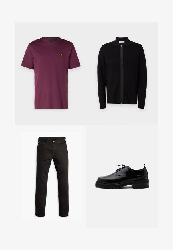 Sort zip-up sweater med krave og brystlomme. Fremstillet af blødt, teksturet stof. Har en fuld længde lynlås og lange ærmer.; Mørkerød bomulds t-shirt med rund hals, korte ærmer og et lille gult ørne-logo på venstre bryst. Glat overflade, almindelig pasform.; Sorte denimjeans med et lige ben-design, forlommer og knaplukning. Stoffet har en glat tekstur og minimal detaljering.; Sort poleret læder snørestøvle med tyk gummisål og lav hæl, sideskilt med mærketekst "SAMSOE" og bageste træksnor.