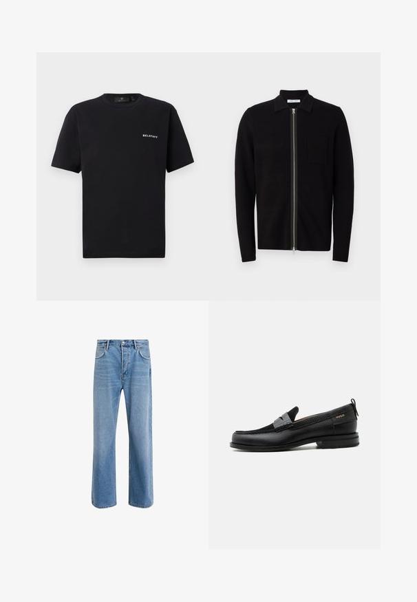 Schwarzer Reißverschluss-Pullover mit Kragen und einer Brusttasche. Hergestellt aus weichem, strukturiertem Stoff. Verfügt über einen durchgehenden Reißverschluss und lange Ärmel.; Schwarzes Kurzarm-Crewneck-T-Shirt mit kleinem weißen "BELSTAFF"-Logo auf der linken Brust vor einem schlichten Hintergrund.; Helle blaue Jeans im Geradeschnitt-Design, mit fünf Taschen, Knopfverschluss, minimaler Ausbleichung und kontrastierenden Nähdetails.; Schwarzer Lederloafer mit grauem Riemendetail, niedrigem Absatz und strukturierter Sohle, seitlich mit „HUGO“ in Gold gebrandmarkt.