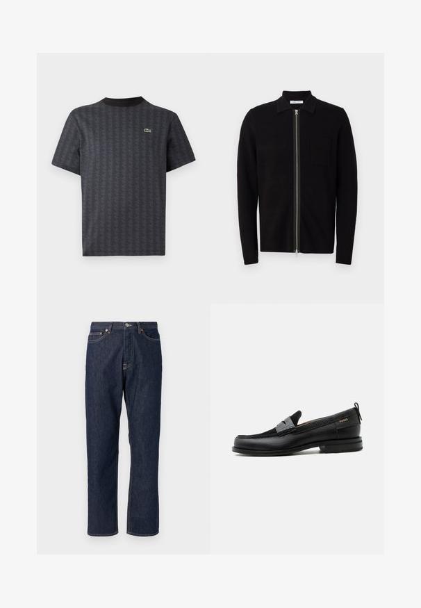 Sort zip-up sweater med krave og brystlomme. Fremstillet af blødt, teksturet stof. Har en fuld længde lynlås og lange ærmer.; Sort kortærmet t-shirt med et geometrisk mønster og et grønt krokodille-logo, med en ensfarvet sort rund hals.; Mørkeblå denim jeans med lige ben-design. Har knappelukning og lynlås, fem lommer og kontraststikningsdetaljer.; Sort læderloafer med grå remdetalje, lav hæl og tekstureret sål, mærket med "HUGO" i guld på siden.