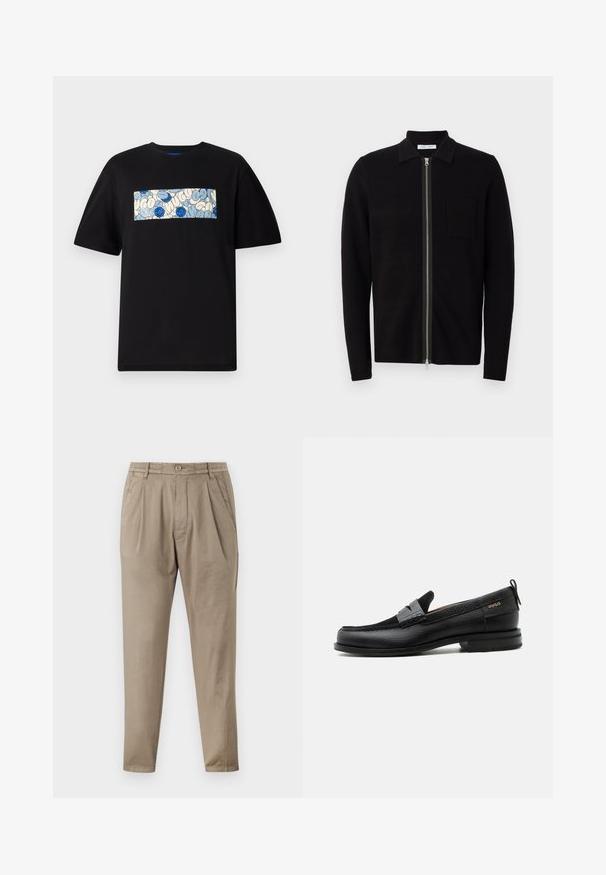 Sort zip-up sweater med krave og brystlomme. Fremstillet af blødt, teksturet stof. Har en fuld længde lynlås og lange ærmer.; Sort bomulds t-shirt med en rektangulær grafik i blå og creme med cirkulære mønstre og doodles, designet til en afslappet pasform.; Beige bukser lavet af blødt stof, med en afslappet pasform, plisseret front, elastisk talje og dampede ben.; Sort læderloafer med grå remdetalje, lav hæl og tekstureret sål, mærket med "HUGO" i guld på siden.