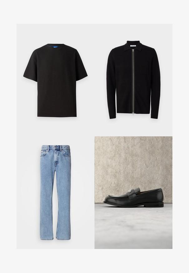 Sort zip-up sweater med krave og brystlomme. Fremstillet af blødt, teksturet stof. Har en fuld længde lynlås og lange ærmer.; Sort t-shirt med korte ærmer, rund hals, lavet af ribbet stof. Har en afslappet pasform og et subtile blåt mærke indeni halsudskæringen.; Lyseblå denimjeans med lige ben design, fem lommer og knaplukning. Syninger nær lommer og talje.; Sort læderloafer med metalbrandskilt hvilende nær et brunt rundt bord på beige tæppe.