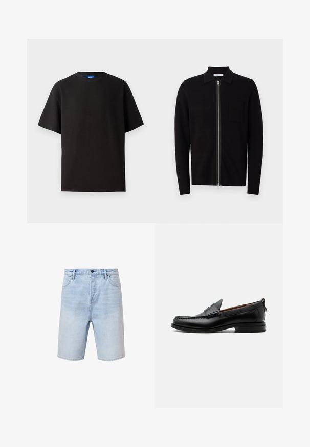 Sort zip-up sweater med krave og brystlomme. Fremstillet af blødt, teksturet stof. Har en fuld længde lynlås og lange ærmer.; Sort t-shirt med korte ærmer, rund hals, lavet af ribbet stof. Har en afslappet pasform og et subtile blåt mærke indeni halsudskæringen.; Lyseblå denimshorts med regular fit, fem-lomme design og knaplukning. Har subtilt slid og syet kant.; Sort læder herre loafer med moc-tå syning, penny strop, struktureret krave og lav stablet hæl på hvid baggrund.