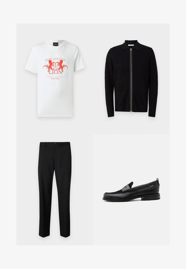 Sudadera negra con cremallera y cuello, y un bolsillo en el pecho. Fabricada en un suave tejido texturizado. Presenta una cremallera de longitud completa y mangas largas.; Camiseta de algodón blanca con un estampado gráfico rojo de dos leones y el texto "THE GOLDEN LION FREE HOUSE" en un diseño circular. Mangas cortas.; Pantalones de traje negros con frente plano, cintura estándar y piernas rectas. Hechos de una tela suave, con un cierre de botón único.; Mocasín de cuero negro con detalle de tira gris, tacón bajo y suela texturizada, con la marca "HUGO" en oro en el lateral.