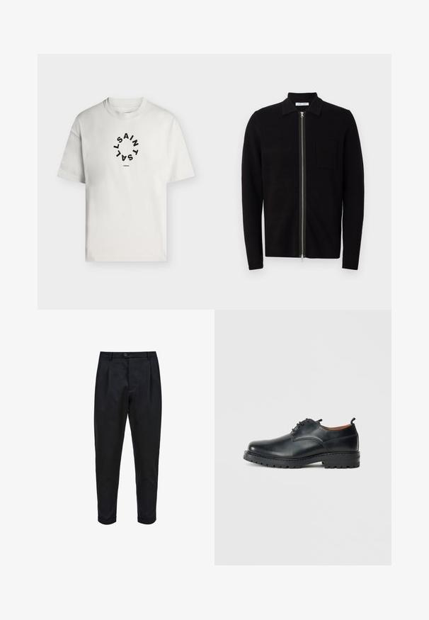 Zwarte zip-up trui met een kraag en een borstzak. Gemaakt van zachte, gestructureerde stof. Voorzien van een rits over de volle lengte en lange mouwen.; Wit T-shirt met korte mouwen en een ronde hals, met zwarte cirkelvormige tekst met de woorden "SAINT LAINT" en onder de cirkel "LONDON".; Zwarte broek van een gladde stof, met een geplooide voorkant, taps toelopende pasvorm en opgerolde mouwen. Eenvoudige knoopsluiting bij de taille.; Zwarte leren derby schoenen met een gladde textuur, ronde neus, vetersluiting en een dikke, robuuste rubberen zool.