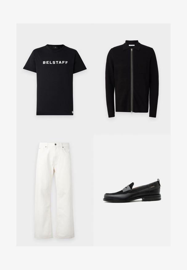 Čierny sveter na zips s golierom a vreckom na hrudi. Vyrobený z mäkkej, textúrovanej tkaniny. Obsahuje zips po celej dĺžke a dlhé rukávy.; Čierne bavlnené tričko s okrúhlym výstrihom, krátkymi rukávmi a bielym logom "BELSTAFF" potlačeným na hrudi.; Biele rozšírené džínsy vyrobené z denimu, ktoré majú štandardný pás, predné vrecká a zapínanie na gombík. Textúrovaná látka s čistým povrchom.; Čierny kožený mokasín so sivým remienkom, nízkym podpätkom a textúrovanou podrážkou, so značkou "HUGO" v zlatej farbe na boku.