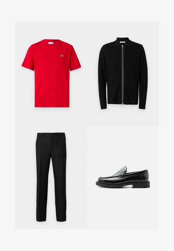 Sort zip-up sweater med krave og brystlomme. Fremstillet af blødt, teksturet stof. Har en fuld længde lynlås og lange ærmer.; Rød bomulds T-shirt med korte ærmer, rund hals, og et lille grønt krokodillelogo på venstre bryst. Glat tekstur, afslappet pasform.; Sorte skræddersyede bukser med en glat tekstur, der har et lige ben-design, frontfolder og en flad talje. Ingen synlige lommer.; Sort læderloafer med chunky gummisål, syet overdel og præget mærkenavn på hælen, vist i sideprofil på hvid baggrund.