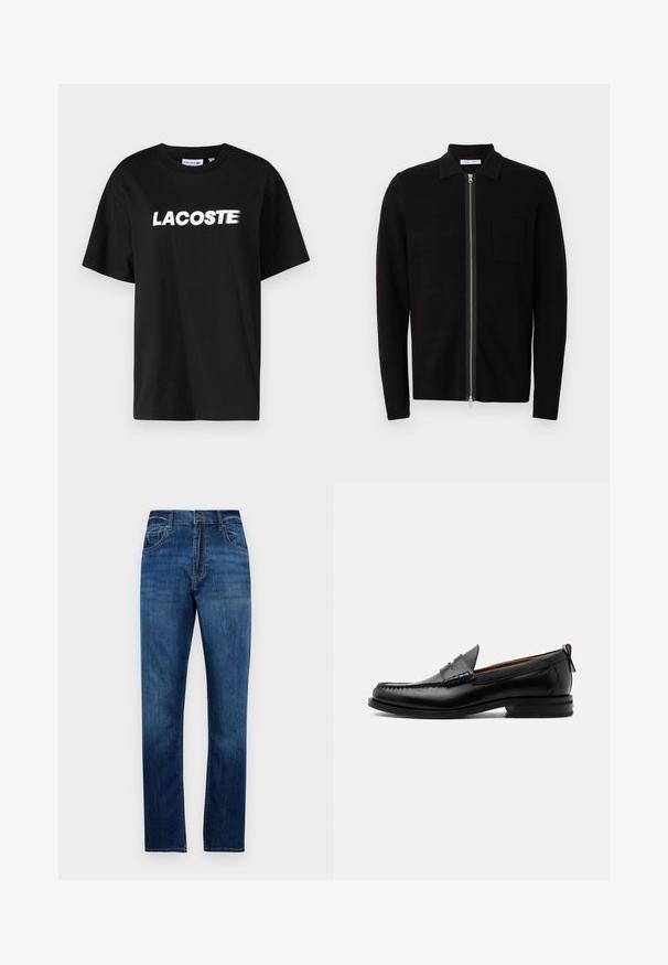 Sudadera negra con cremallera y cuello, y un bolsillo en el pecho. Fabricada en un suave tejido texturizado. Presenta una cremallera de longitud completa y mangas largas.; Camiseta de algodón negra con el logo "LACOSTE" impreso en blanco en la parte delantera. Manga corta y cuello redondo. Corte clásico y relajado.; Vaqueros de mezclilla azul de pierna recta con cinco bolsillos, pasacintos y cierre de botón, exhibidos sobre un fondo blanco liso.; Mocasín de hombre de piel negra con costura moc toe, tira penny, cuello texturizado y tacón bajo apilado sobre fondo blanco.