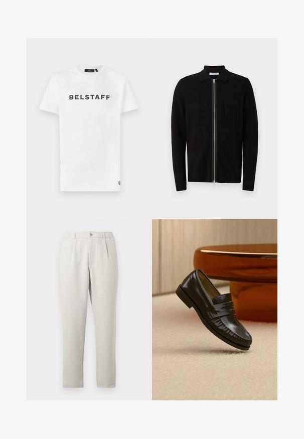 Zwarte zip-up trui met een kraag en een borstzak. Gemaakt van zachte, gestructureerde stof. Voorzien van een rits over de volle lengte en lange mouwen.; Witte katoenen t-shirt met een zwart 'BELSTAFF' logo op de voorkant. Klassieke ronde hals en korte mouwen met een klein logo detail op de zoom.; Lichtbeige broek met een ontspannen pasvorm en een lichte glans, voorzien van een elastische tailleband, steekzakken aan de voorkant en een taps toelopende pijp.; Glanzende zwarte leren loafer met een banddetail, geplaatst op een beige tapijt naast een ronde bruine salontafel in een zacht verlichte kamer.