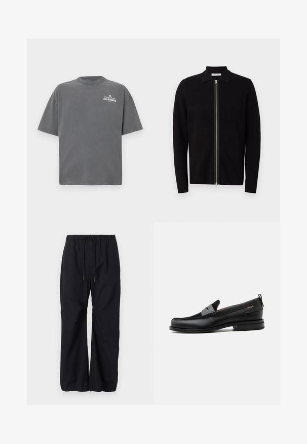 Sort zip-up sweater med krave og brystlomme. Fremstillet af blødt, teksturet stof. Har en fuld længde lynlås og lange ærmer.; Mørkegrå T-shirt med korte ærmer og rund hals med lille hvid "ALLSAINTS"-logo på øverste venstre bryst.; Sorte, løst siddende bukser lavet af letvægtsstof, med en elastisk talje med snøre og samlede manchetter ved anklerne.; Sort læderloafer med grå remdetalje, lav hæl og tekstureret sål, mærket med "HUGO" i guld på siden.
