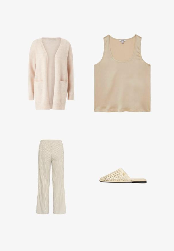 Cárdigan de color rosa claro hecho de un tejido de punto suave, con un amplio escote en V, front abierto, mangas largas y dos bolsillos tipo parche en la parte delantera.; Reiss REGULAR FIT - Blusa - neutral; Pantalones a rayas de color beige claro con un corte holgado, que cuentan con una cintura elástica y líneas verticales que crean una apariencia texturizada.; Mule deslizante beige tejido con diseño de celosía abierta, suela plana y pequeño tacón en capas negras y beige.