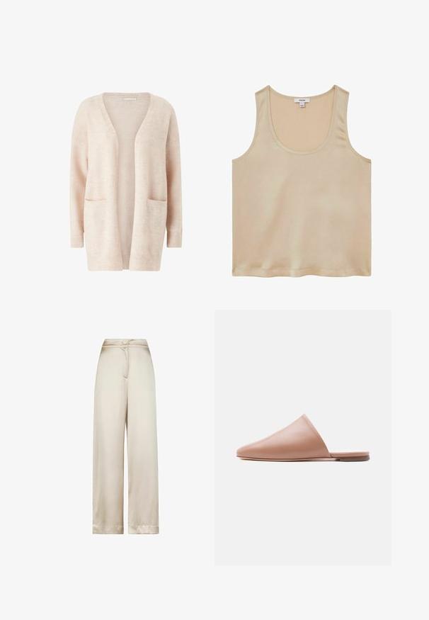 Lys pink cardigan lavet af blødt strikket stof, med en bred V-udskæring, åben front, lange ærmer og to forreste patch-lommer.; Reiss REGULAR FIT - Bluse - neutral; Bukser med høj talje og vide ben i beige med en enkelt knap og skjult lynlåslukning foran.; Beige læder mule uden hæl med spids tå og flad sål, vist i sideprofil på en ensartet lys baggrund.