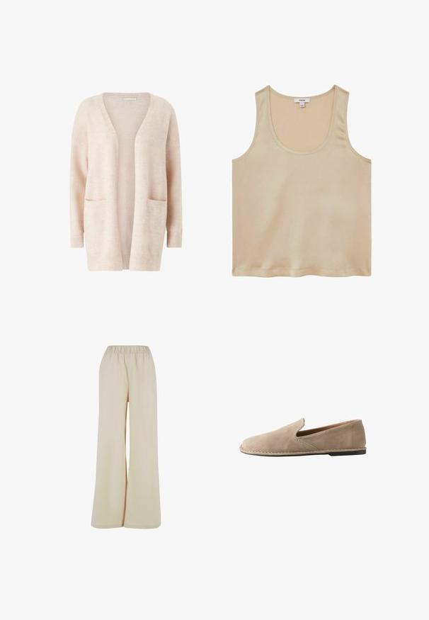 Lys pink cardigan lavet af blødt strikket stof, med en bred V-udskæring, åben front, lange ærmer og to forreste patch-lommer.; Reiss REGULAR FIT - Bluse - neutral; Lys beige bukser med vidde og elastisk talje. Glat, blød stof med løs pasform, uden synlige mønstre eller detaljer.; Beige ruskind slip-on loafers med rund tå, lav flad hæl, syet sål og elastisk sideindsats for nem påtagning.