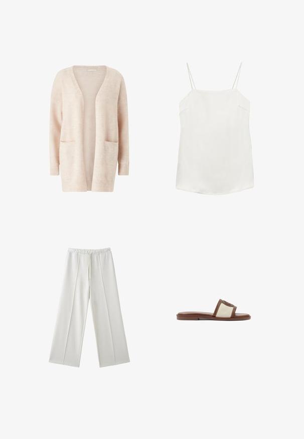 Lys pink cardigan lavet af blødt strikket stof, med en bred V-udskæring, åben front, lange ærmer og to forreste patch-lommer.; Hvid ærmeløs cami top med tynde spaghetti stropper og en lige halsudskæring, lagt fladt på en hvid baggrund.; Hvide bukser med brede ben, elastisk talje og snøre, med sømdetaljer ned foran på hvert ben.; Brune læderslidesandal med en beige vævet overdel, flad sål og rund tå. Designet inkluderer en logoakcent på remmen.