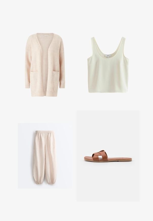 Lys pink cardigan lavet af blødt strikket stof, med en bred V-udskæring, åben front, lange ærmer og to forreste patch-lommer.; Ærmeløs, cremefarvet cropped tanktop med brede stropper og scoop-halsudskæring, lavet af glat stof.; Lyse beige vidde bukser med elastisk talje og opsamlede elastiske manchetter, lavet af ribbet stof.; Brune flade slide-sandaler lavet af glat læder med et krydset remdesign, der har en flad sål og en minimalistisk stil.