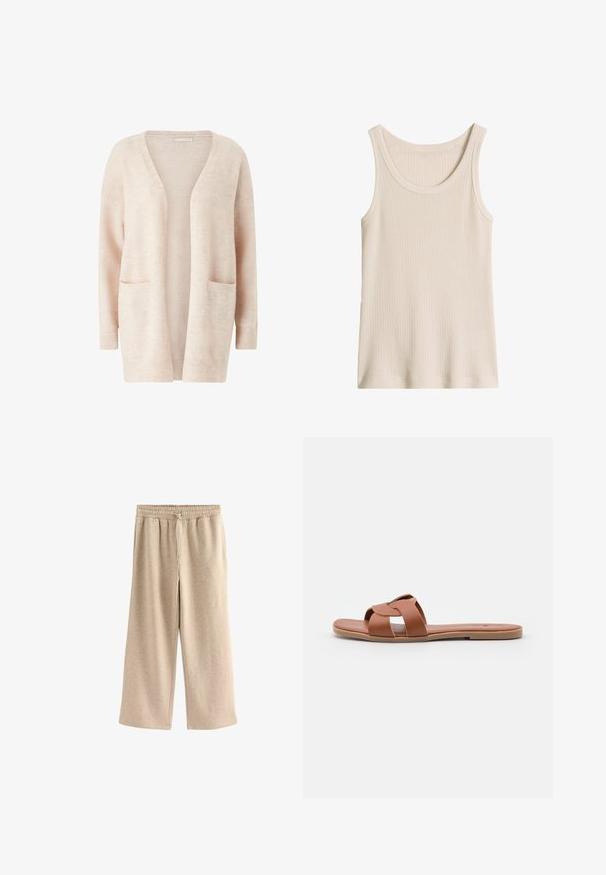 Cardigan rose clair en tissu tricot doux, avec un large col en V, une ouverture sur le devant, des manches longues et deux poches plaquées à l'avant.; Débardeur beige côtelé sans manches avec un col rond dégagé et des larges bretelles.; Pantalons larges de couleur crème en tissu doux en mélange de coton. Ils présentent une taille élastique avec cordon de serrage et une texture subtilement mouchetée.; Sandales plates marron en cuir lisse avec un design à brides croisées, dotées d'une semelle plate et d'un style minimaliste.