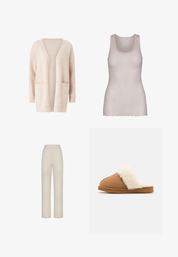 Lys pink cardigan lavet af blødt strikket stof, med en bred V-udskæring, åben front, lange ærmer og to forreste patch-lommer.; Lyserød tanktop lavet af glat stof. Den har en rund halsudskæring, brede stropper og en let bølget kant.; Lys beige kabelstrikkede bukser med en bred talje, der har hævede teksturmønstre og en afslappet, lige pasform.; Brune ruskindslippers med en hvid faux fur manchet, lukket tå-design, flad sål og synlige syninger langs kanterne.