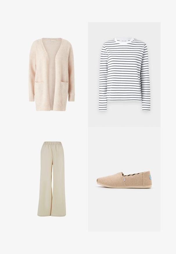 Lys pink cardigan lavet af blødt strikket stof, med en bred V-udskæring, åben front, lange ærmer og to forreste patch-lommer.; Langærmet skjorte i hvid bomuld med sorte horisontale striber. Har en rund halsudskæring og en afslappet pasform. Ingen bemærkelsesværdige accenter eller mønstre.; Lys beige bukser med vidde og elastisk talje. Glat, blød stof med løs pasform, uden synlige mønstre eller detaljer.; Beige slip-on sko lavet af tekstureret stof med en rund tå og et stribet indvendigt mønster. Har en let sål og et logomærke.