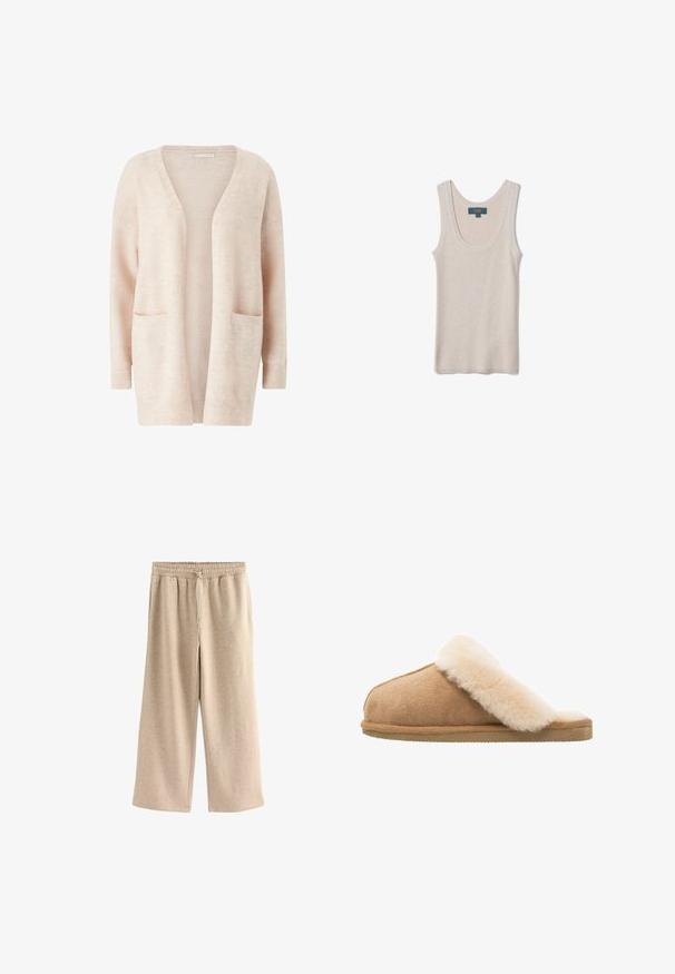 Cárdigan de color rosa claro hecho de un tejido de punto suave, con un amplio escote en V, front abierto, mangas largas y dos bolsillos tipo parche en la parte delantera.; Camiseta sin mangas beige de punto acanalado con escote redondo, mostrada extendida con etiqueta de la marca OVS dentro del cuello trasero.; Pantalones de pierna ancha color crema, hechos de una suave mezcla de algodón. Presentan una cintura elástica con cordón y una sutil textura moteada.; Zapatilla de ante de color beige, con un suave forro de piel de oveja crema. Cuenta con una suela de goma plana y texturizada para mayor agarre.