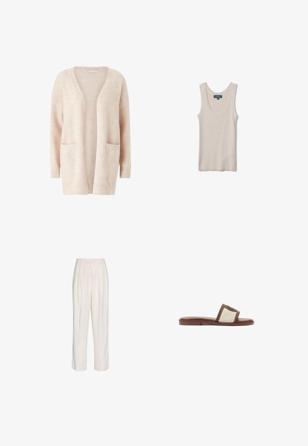 Cardigan rose clair en tissu tricot doux, avec un large col en V, une ouverture sur le devant, des manches longues et deux poches plaquées à l'avant.; Débardeur beige en maille côtelée sans manches avec une encolure dégagée, présenté à plat avec une étiquette de la marque OVS à l'intérieur du col arrière.; Pantalon blanc taille haute sur mesure avec plis, passants de ceinture et jambes droites, présenté sur un fond blanc uni.; Sandale à glisser en cuir marron avec une tige tissée beige, semelle plate et bout arrondi. Le design inclut un accent logo sur la sangle.
