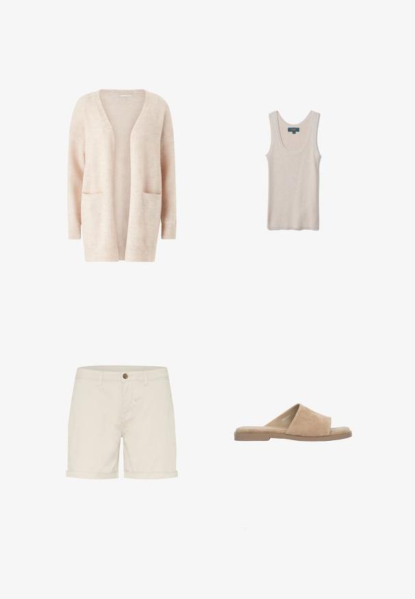 Lichtroze cardigan van zacht gebreid materiaal, met een brede V-hals, open voorkant, lange mouwen en twee voorzakken.; Mouwloos beige geribd gebreid topje met ronde halslijn, plat weergegeven met het OVS-merklabel aan de binnenkant van de achterkraag.; Lichtbeige katoenen shorts met een knoopsluiting, opgevouwen mouwen en zijzakken. Gladde textuur en op maat gemaakt ontwerp voor comfort.; Beige suède open-toe platte slipper met brede band en gevoerde binnenzool, afgebeeld op een witte achtergrond.