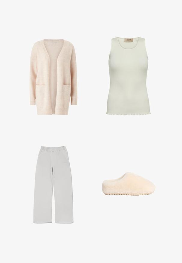 Lys pink cardigan lavet af blødt strikket stof, med en bred V-udskæring, åben front, lange ærmer og to forreste patch-lommer.; Ribbet hvid tanktop med rund halsudskæring og bølget kant. Fremstillet af blødt, strækbart stof uden pynt eller mønstre.; Lysegrå sweatpants lavet af blødt stof, med elastisk talje, to sidelommer og lige snit.; Beige, bløde, fuzzy tøfler med en solid flad sål og rund tå, der har et sømløst design og en blød tekstur.