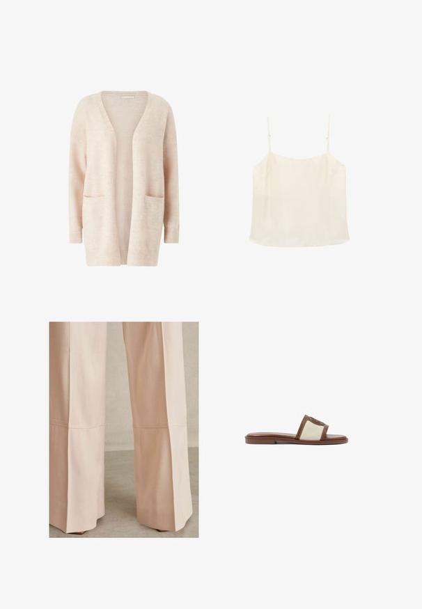 Lys pink cardigan lavet af blødt strikket stof, med en bred V-udskæring, åben front, lange ærmer og to forreste patch-lommer.; Flødefarvet ærmeløs camisole-top med tynde justerbare stropper og en lige halsudskæring på hvid baggrund.; Lyserøde, vide bukser i et struktureret stof med sømdetaljer og en ren afslutning i kanten. Velegnede til både afslappet og formelt brug.; Brune læderslidesandal med en beige vævet overdel, flad sål og rund tå. Designet inkluderer en logoakcent på remmen.