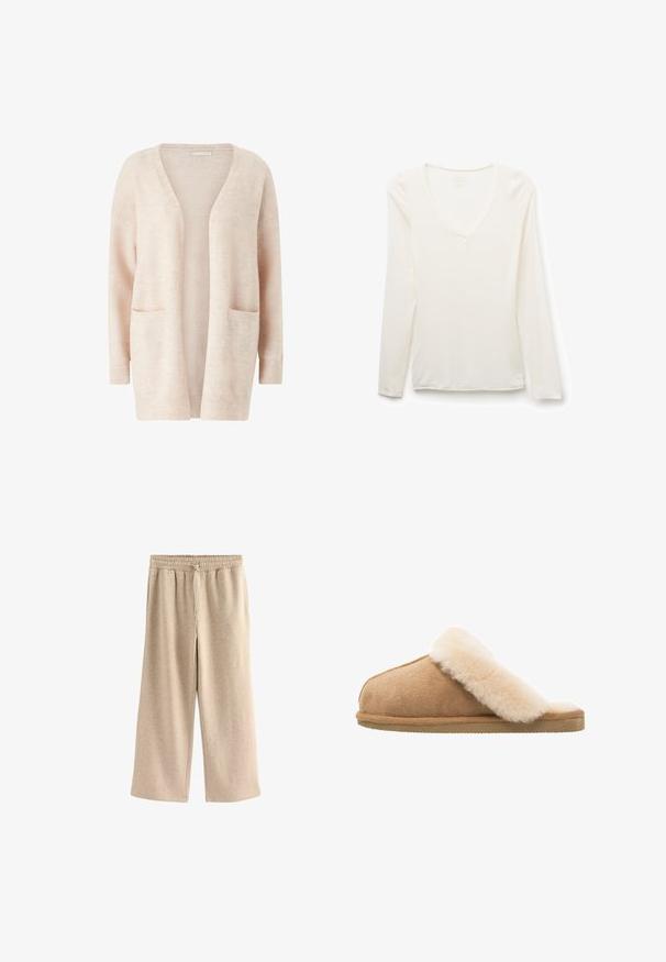 Lichtroze cardigan van zacht gebreid materiaal, met een brede V-hals, open voorkant, lange mouwen en twee voorzakken.; Wit T-shirt met lange mouwen en V-hals, slim fit, plat gelegd op een witte achtergrond.; Crème-kleurige wijde broek gemaakt van een zachte katoenmix. Heeft een elastische tailleband met trekkoord en een subtiele gespikkelde textuur.; Beige suède instapschoen met een zachte, fluffy crème schapenvachtvoering. Voorzien van een platte, gestructureerde rubberen zool voor grip.