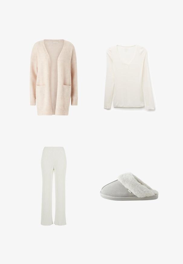 Cárdigan de color rosa claro hecho de un tejido de punto suave, con un amplio escote en V, front abierto, mangas largas y dos bolsillos tipo parche en la parte delantera.; Camiseta blanca de manga larga con cuello en V, ajuste slim, colocada plana sobre un fondo blanco.; Pantalones de punto acanalado de color crema con un diseño acampanado. Cuenta con una amplia cinturilla elástica y rayas verticales para mayor textura.; Zapatilla de color gris claro, tipo slip-on, con forro y suela de piel sintética blanca y suave etiquetada como "NEXT,", vista de lado sobre un fondo blanco.