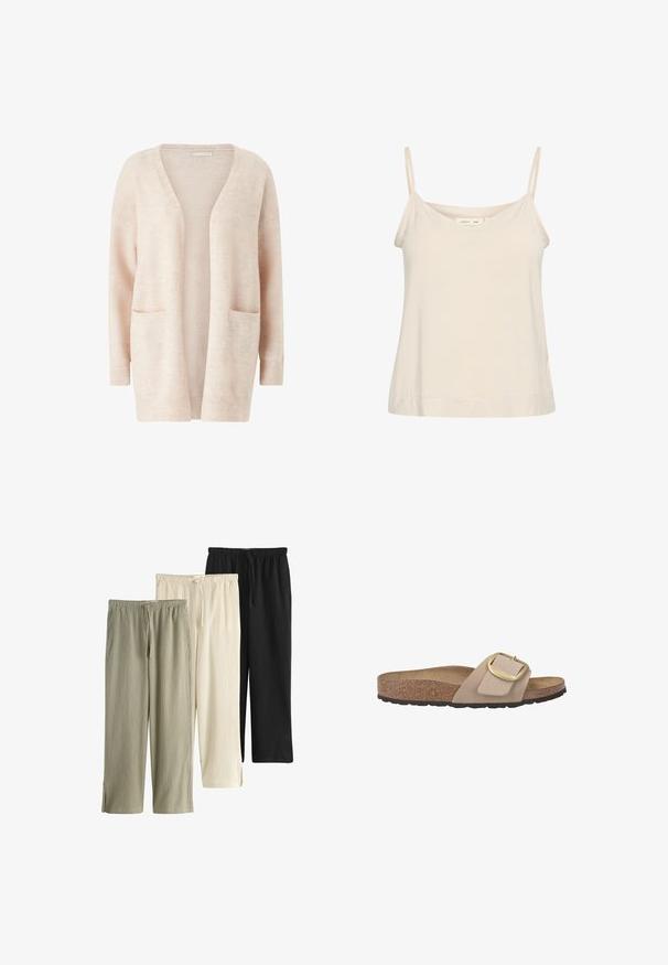 Cárdigan de color rosa claro hecho de un tejido de punto suave, con un amplio escote en V, front abierto, mangas largas y dos bolsillos tipo parche en la parte delantera.; Camiseta sin mangas de color beige claro, hecha de una tela suave, con finas correas ajustables y un escote en V con un corte ligeramente relajado.; Tres pares de pantalones ligeros de pierna recta con cintura elástica y cordones en colores beige, blanco roto y negro.; Sandalia deslizante beige con plantilla de corcho, suela de goma texturizada y un gran accesorio de hebilla dorada en una tira lisa.