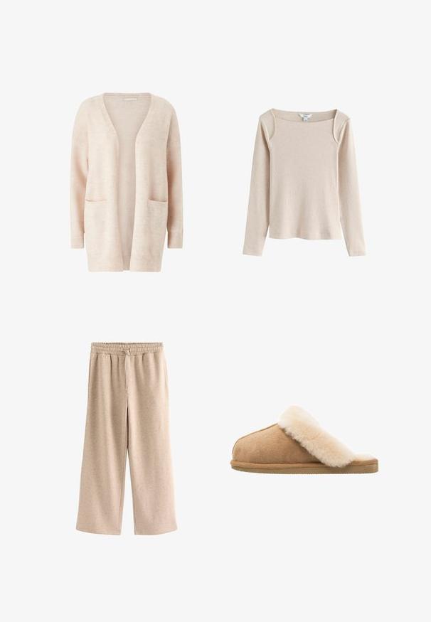 Lichtroze cardigan van zacht gebreid materiaal, met een brede V-hals, open voorkant, lange mouwen en twee voorzakken.; Beige ribgebreide top met lange mouwen, vierkante halslijn en lichte schouderdetails, getoond op een witte achtergrond.; Beige broek met wijde pijpen, een elastische tailleband en een koordje, gemaakt van een zachte, gevlekte stof.; Beige suède instapschoen met een zachte, fluffy crème schapenvachtvoering. Voorzien van een platte, gestructureerde rubberen zool voor grip.