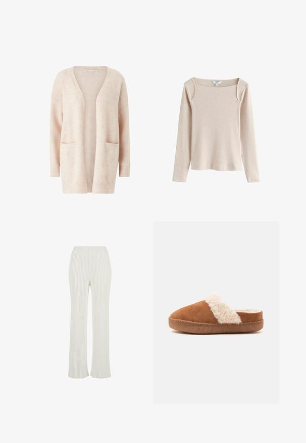 Lys pink cardigan lavet af blødt strikket stof, med en bred V-udskæring, åben front, lange ærmer og to forreste patch-lommer.; Beige langærmet ribstrikket top med firkantet udskæring og let skulderdetalje, vist på hvid baggrund.; Cremefarvede ribstrikkede bukser med flared design. Har en bred elastisk talje og lodrette striber for ekstra tekstur.; Brun slip-on tøffel med tyk sål og hvid fluffy kant, designet til indendørs komfort og varme.