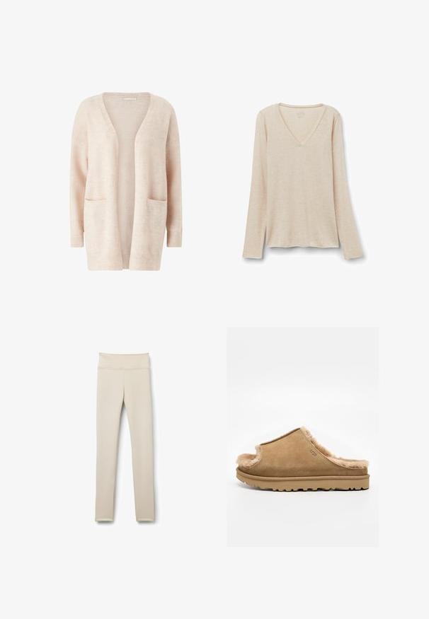 Lys pink cardigan lavet af blødt strikket stof, med en bred V-udskæring, åben front, lange ærmer og to forreste patch-lommer.; Langærmet V-hals top i lys beige stof med en blød tekstur. Afslappet pasform med lige kant og minimalistisk design.; Beige leggings lavet af strækbart stof. Høj talje, tætsiddende pasform, med glat tekstur og uden synlige mønstre eller hardware.; Beige ruskind slip-on sutsko med blødt fleecefor og gummisål, med et side-UGG-logo på en ens hvid baggrund.