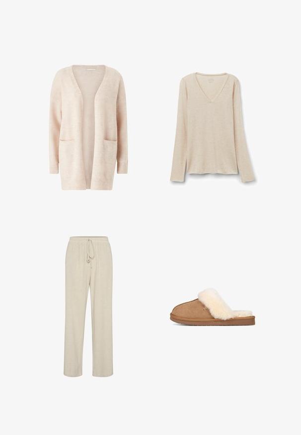 Lys pink cardigan lavet af blødt strikket stof, med en bred V-udskæring, åben front, lange ærmer og to forreste patch-lommer.; Langærmet V-hals top i lys beige stof med en blød tekstur. Afslappet pasform med lige kant og minimalistisk design.; Beige linnedbukser med elastisk talje og justerbar snoretræk, med et lige ben-design og en subtil tekstur.; Brun ruskind slip-on tøfler med tyk hvid fluffy foring og flad gummisål, vist fra siden på en hvid baggrund.