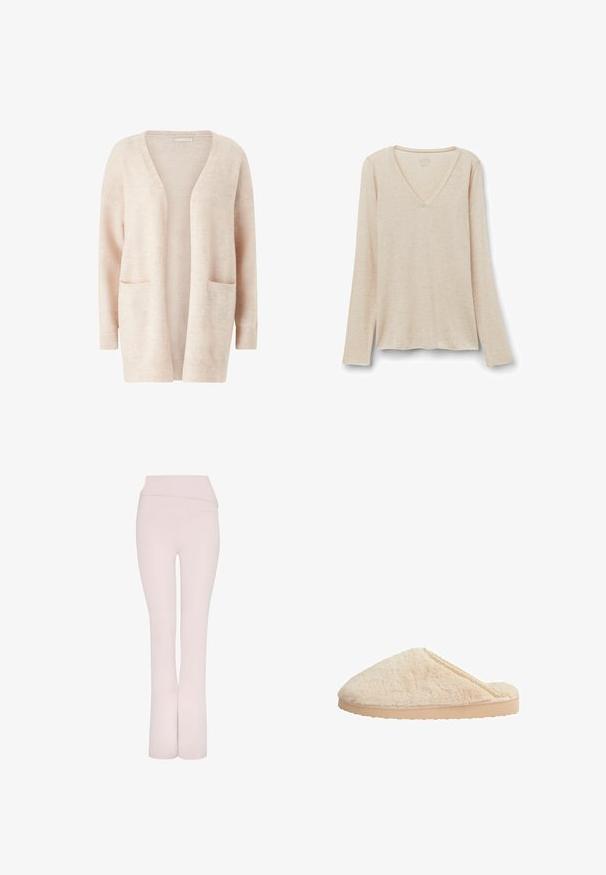 Helles rosa Cardigan aus weichem Strickstoff, mit weitem V-Ausschnitt, offener Front, langen Ärmeln und zwei aufgesetzten Taschen vorne.; Langärmliges V-Ausschnitt-Oberteil aus leicht beigem Stoff mit weicher Textur. Entspannte Passform mit geradem Saum und minimalistischem Design.; Helle rosa, ausgestellte Hosen mit einem breiten Bund und glatter Textur. Sie verfügen über ein klares, schlankes Design ohne zusätzliche Verzierungen.; Beige-Flauschpantoffeln mit runder Form, strukturiertem Obermaterial und einer flachen, hellen Gummisohle. Verfügbar mit einem zarten Spitzenakzent entlang des Randes.