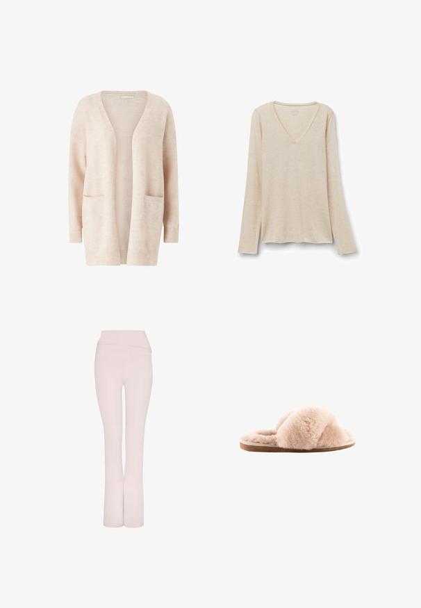 Lichtroze cardigan van zacht gebreid materiaal, met een brede V-hals, open voorkant, lange mouwen en twee voorzakken.; Langarm V-hals top in lichtbeige stof met een zachte textuur. Relaxte pasvorm met een rechte zoom en een minimalistisch ontwerp.; Lichtroze uitlopende broek met een brede tailleband en een gladde textuur. Heeft een schoon, gestroomlijnd ontwerp zonder extra versieringen.; Fuzzy lichtbeige slippers met kruisbanden, gemaakt van zacht materiaal op een platte tan rubberen zool. Pluche textuur door het hele ontwerp.