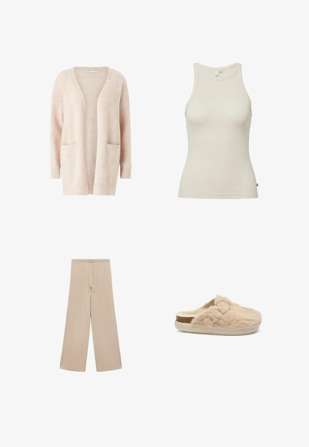 Cardigan rose clair en tissu tricot doux, avec un large col en V, une ouverture sur le devant, des manches longues et deux poches plaquées à l'avant.; Débardeur à côtes sans manches en beige clair. Il a un col rond et une silhouette ajustée, avec une étiquette sur le côté inférieur. Texture douce.; Pantalons larges beiges en tissu doux, dotés d'une taille à cordon de serrage et d'une texture lisse, sans motifs ni accessoires supplémentaires.; Chausson beige en peluche à enfiler avec une texture douce, doté d'une semelle crème légère et d'un léger accent marron le long du bord.