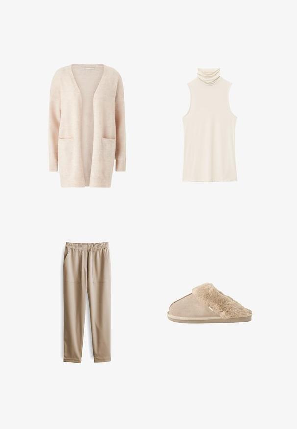 Lichtroze cardigan van zacht gebreid materiaal, met een brede V-hals, open voorkant, lange mouwen en twee voorzakken.; Crèmekleurige mouwloze top met een hoge, gedrapeerde col. Gemaakt van zachte, gladde stof met een lichte, rekbare textuur en zonder versieringen.; Beige elastische broeken met een tailleband, twee voorzakken, taps toelopende pijpen en een gladde textuur, geschikt voor casual kleding.; Beige instappantoffel met zachte suède buitenkant en een zachte, pluizige voering en boord, ontworpen voor binnencomfort.
