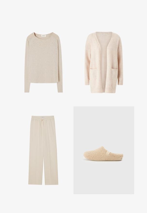 Lys pink cardigan lavet af blødt strikket stof, med en bred V-udskæring, åben front, lange ærmer og to forreste patch-lommer.; Beige langærmet top med et blødt, struktureret stof. Har en rund halsudskæring og raglanærmer. Buet søm med en afslappet pasform.; Beige brede bukser lavet af blødt stof, med elastisk talje, snor og sidelommer for praktisk anvendelse.; Beige sandaler lavet af fluffy, tekstureret materiale. Lukket bagdesign med en rund tå og et subtilt logo på siden. Letvægts sål.