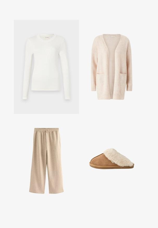 Cárdigan de color rosa claro hecho de un tejido de punto suave, con un amplio escote en V, front abierto, mangas largas y dos bolsillos tipo parche en la parte delantera.; Camiseta blanca de manga larga hecha de tela suave, con un cuello redondo y una silueta ajustada. Diseño minimalista sin patrones ni acentos.; Pantalones de pierna ancha beige fabricados con una tela suave, con una cinturilla elástica y cordones, y una sutil textura moteada en toda su superficie.; Zapatilla marrón tipo slip-on con forro y suela de pelo sintético beige suave, vista lateral sobre fondo blanco.