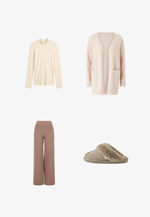 Lys pink cardigan lavet af blødt strikket stof, med en bred V-udskæring, åben front, lange ærmer og to forreste patch-lommer.; Cremefarvet langærmet strikket top med høj hals, enkel design og synlig varemærkeetiket indeni halsudskæringen.; Brune, vide strikkede bukser med et tekstureret stof, der har en elastisk talje og en løs pasform for komfort.; Beige slip-on tøfler med blød, plyssede pelsforing omkring åbningen og en ydersål med ruskindslignende overflade.