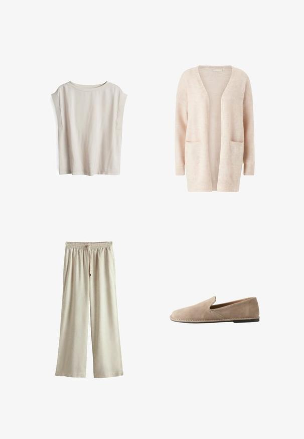 Lichtroze cardigan van zacht gebreid materiaal, met een brede V-hals, open voorkant, lange mouwen en twee voorzakken.; Korte mouw licht beige top, gemaakt van zachte stof, met een wijd uitsnijdende halslijn en verlaagde schoudernaden, met een relaxte pasvorm en een minimalistisch design.; Beige wijde broek met elastische tailleband en trekkoord, gemaakt van lichtgewicht stof, met een ontspannen pasvorm.; Beige suède instapschoen met afgeronde neus, lage platte hak, doorgenaaide zool en elastische zij inzet voor gemakkelijk aan- en uittrekken.