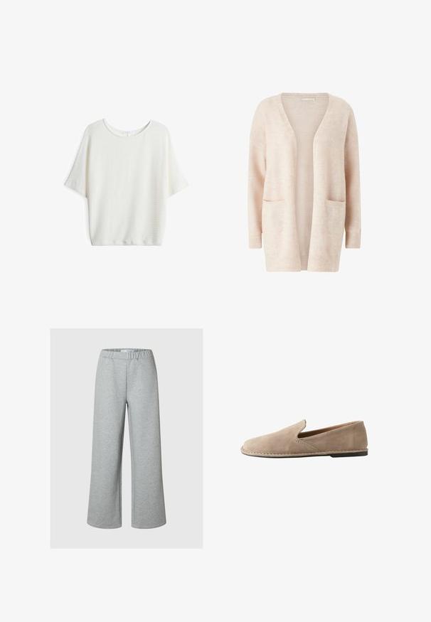 Lichtroze cardigan van zacht gebreid materiaal, met een brede V-hals, open voorkant, lange mouwen en twee voorzakken.; Witte top met korte mouwen en een ronde hals, gemaakt van een gestructureerde, geweven stof en met een losse pasvorm, geschikt voor casual kleding.; Lichtgrijze broek met brede pijpen, gemaakt van zachte stof, met een elastische tailleband en een eenvoudig, onversierd ontwerp.; Beige suède instapschoen met afgeronde neus, lage platte hak, doorgenaaide zool en elastische zij inzet voor gemakkelijk aan- en uittrekken.