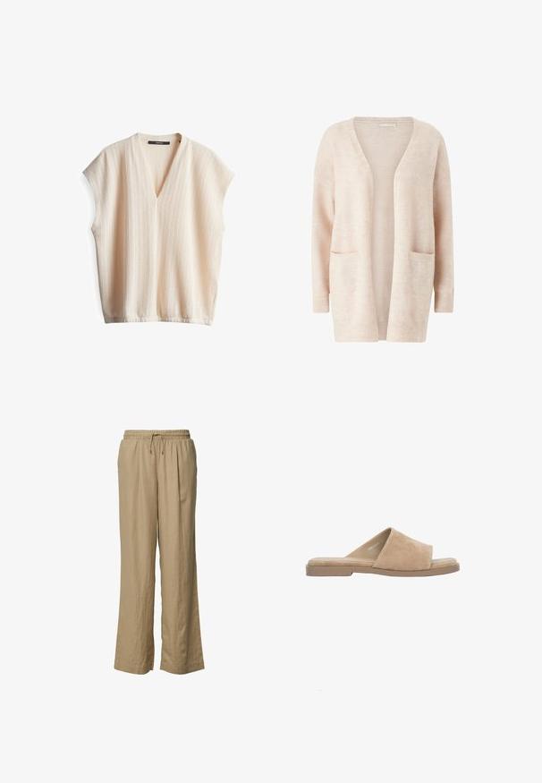 Helles rosa Cardigan aus weichem Strickstoff, mit weitem V-Ausschnitt, offener Front, langen Ärmeln und zwei aufgesetzten Taschen vorne.; Helles beige Kurzarmoberteil mit V-Ausschnitt, aus strukturiertem Stoff und dezenten vertikalen Streifen. Weiches, atmungsaktives Material, lässige Passform.; Beige Weite Hosen aus leichtem Stoff, mit einem elastischen Bund und einem Kordelzug für eine angepasste Passform.; Beige Wildleder offene Zehen flache Pantoffel mit breitem Riemen und gepolsterter Innensohle, auf weißem Hintergrund dargestellt.
