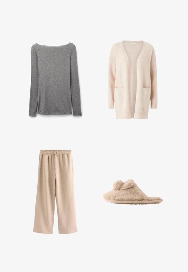 Lichtroze cardigan van zacht gebreid materiaal, met een brede V-hals, open voorkant, lange mouwen en twee voorzakken.; Grijze nauwsluitende top met lange mouwen en een brede boothals, gemaakt van zachte, lichte gebreide stof.; Beige broek met wijde pijpen, een elastische tailleband en een koordje, gemaakt van een zachte, gevlekte stof.; Beige, pluizige instapslof met twee pompons bovenop en een platte zool, ontworpen voor binnenshuis gebruik.