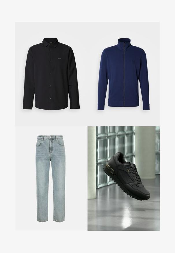 Marineblauer Sweatshirt mit Reißverschluss, hohem Kragen, langen Ärmeln, gerippten Bündchen und einem kleinen, eingeprägten Logo auf der linken Brust, gefertigt aus glattem Stoff.; Schwarzes Langarmhemd mit Knopfleiste und Kragen; verfügt über dezentes "BOSS"-Logo in passendem Schwarz. Glattes Material mit taillierter Passform.; Hellblaue Jeans mit geradem Bein und hoher Taille, vorne mit Knöpfen und Reißverschluss, Gürtelschlaufen sowie vorderen und hinteren Taschen vor weißem Hintergrund.; Schwarzer sportlicher Sneaker mit strukturierten Paneelen, Schnürverschluss und goldenem Akzent an der Ferse, schwebend über einem polierten Betonboden.