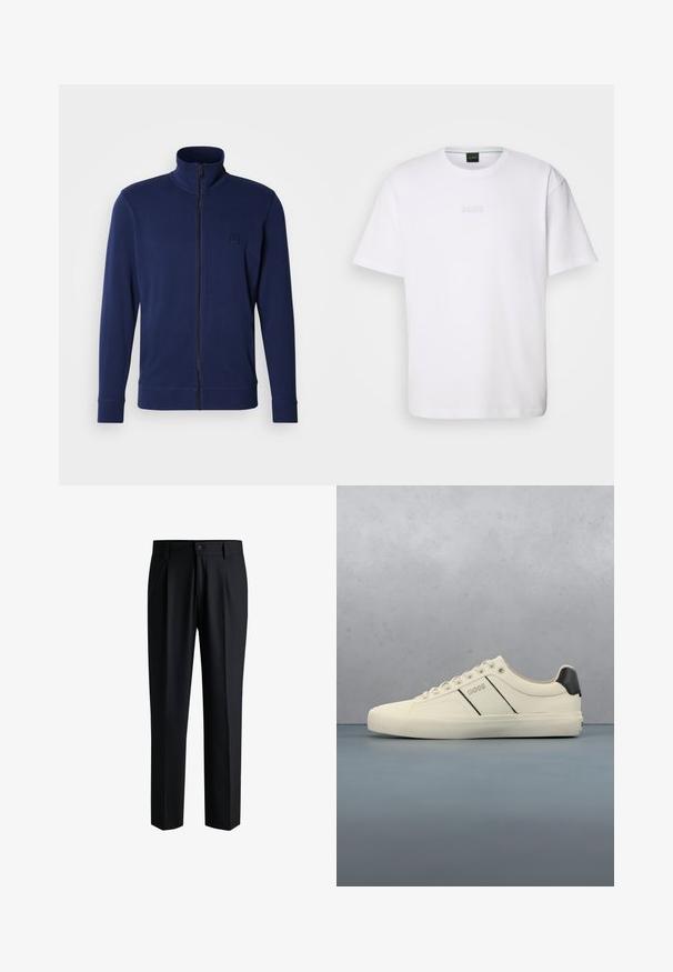 Sweat-shirt zippé marine avec col montant, manches longues, poignets côtelés et petit logo embossé sur le côté gauche de la poitrine, fabriqué en tissu lisse.; T-shirt en coton blanc à manches courtes, col rond, avec un logo « BOSS » en relief sur la poitrine. Texture lisse, coupe standard.; Pantalons noirs en tissu lisse, avec une coupe droite, des plis à l'avant et une fermeture à bouton avec passants de ceinture.; Baskets de couleur crème avec une texture lisse, dotées d'accents et de marquage noirs. Design classique à lacets avec un bout rond et une semelle en caoutchouc.